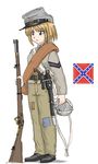  american_civil_war bayonet belt blanket blonde_hair blue_eyes canteen commentary confederate_flag confederate_states_of_america ernest flag gun handgun hat highres holding military military_uniform musket original patches revolver short_hair simple_background soldier solo standing uniform weapon white_background 