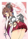  adjusting_clothes ass brown_hair detached_sleeves glasses highres imu_sanjo kantai_collection long_hair looking_at_viewer open_mouth pleated_skirt ponytail purple_eyes skirt solo yamato_(kantai_collection) 