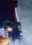  ainili black_eyes black_hair blurry depth_of_field dog original parted_lips petting ponytail rain school_uniform serafuku smile wet wet_clothes 