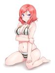  absurdres barefoot bikini blush bracelet breasts cleavage clenched_hand cutie_panther frown highres holding_own_arm jewelry kent0320 looking_at_viewer love_live! love_live!_school_idol_project medium_breasts midriff navel nishikino_maki purple_eyes red_hair short_hair sitting skindentation solo striped_bikini_bottom swimsuit vertical-striped_bikini_top wariza wavy_mouth white_background 