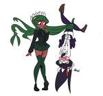  2girls black_hair black_legwear blush breast_press breasts brown_eyes clone dark_persona dark_skin derpcat extra_mouth eyeshadow female filia_(skullgirls) fukua_(skullgirls) futakuchi-onna green_hair green_legwear green_lipstick grey_eyes highres large_breasts lips lipstick living_hair long_hair looking_at_viewer makeup miniskirt multiple_girls necktie open_mouth parasite parted_lips pleated_skirt prehensile_hair red_eyes samson_(skullgirls) school_uniform shamone_(skullgirls) sharp_teeth shirt_pocket simple_background skirt skullgirls smirk symmetrical_docking teeth tentacle_hair thick_thighs thighhighs thighs white_background yellow_eyes yellow_sclera zettai_ryouiki 