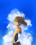  bird brown_eyes brown_hair cloud day i-401_(kantai_collection) kantai_collection looking_away motohara_moka ponytail school_swimsuit school_uniform serafuku sky smile solo swimsuit swimsuit_under_clothes wind 