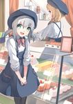  :d blush cake display employee_uniform food green_eyes grey_hair hair_ornament hairclip hat long_sleeves looking_at_viewer low_twintails multiple_girls onozuka_hikari open_mouth shop short_hair smile swiss_roll touboku twintails uniform yama_no_susume yukimura_aoi 