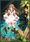  ahoge ainili blue_eyes blush bow brown_hair camera dress hair_bow kneehighs long_hair mocha_(cotton) original revision school_uniform serafuku single-lens_reflex_camera skirt_hold solo wading water wood 