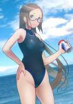  1girl backlighting bangs blue_eyes blue_sky blue_swimsuit blurry breasts can cloud competition_swimsuit contrapposto cowboy_shot day depth_of_field dutch_angle glasses grey_hair groin hand_on_hip hand_up hasukawa_isaburou head_tilt highleg highleg_swimsuit highres holding holding_can long_hair looking_at_viewer medium_breasts ocean one-piece_swimsuit original outdoors parted_bangs red-framed_eyewear semi-rimless_eyewear shiny shiny_clothes sidelocks sky smile solo standing swimsuit turtleneck under-rim_eyewear very_long_hair 