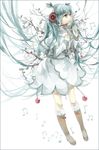  aqua_eyes aqua_hair bad_id bad_pixiv_id beamed_eighth_notes boots cui_(jidanhaidaitang) eighth_note flower hatsune_miku headset highres knee_boots long_hair musical_note sixteenth_note snowdrop_(flower) solo very_long_hair vocaloid yuki_miku 