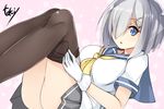  artist_name blouse blue_eyes brown_legwear dressing gloves grey_skirt hair_ornament hair_over_one_eye hairclip hamakaze_(kantai_collection) kantai_collection legs_up looking_at_viewer neckerchief open_mouth pantyhose pantyhose_pull pleated_skirt sailor_collar school_uniform serafuku short_hair short_sleeves silver_hair skirt solo toki/ white_gloves yellow_neckwear 