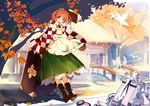  apron book boots box brown_hair holding japanese_clothes kimono leaf looking_at_viewer maple_leaf motoori_kosuzu red_eyes samail sitting sitting_on_object smile solo touhou tree two_side_up 
