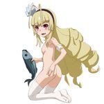  :d antenna_hair arm_garter ass back blonde_hair breasts caryo drill_hair fang fish frederika_(hitsugi_no_chaika) hairband hitsugi_no_chaika long_hair looking_at_viewer looking_back lowres midori_boushi nipples nude open_mouth red_eyes simple_background small_breasts smile solo thighhighs very_long_hair white_background white_legwear 