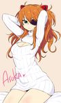  arms_up blue_eyes blush breasts chan_co character_name cleavage cleavage_cutout dress eyepatch long_hair looking_at_viewer medium_breasts meme_attire neon_genesis_evangelion open-chest_sweater orange_hair rebuild_of_evangelion ribbed_sweater shikinami_asuka_langley sitting solo souryuu_asuka_langley sweater sweater_dress turtleneck white_dress 