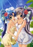  absurdres blue_eyes blue_hair blush breasts cleavage copyright_request day dress flower food fruit green_eyes hair_flower hair_ornament highres komatsu_eiji long_hair multiple_girls palm_tree ponytail purple_hair red_flower sky small_breasts smile strawberry sundress tree white_dress yellow_dress 