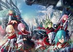  ajigo aqua_eyes aqua_hair axe bad_id bad_pixiv_id blonde_hair bow_(weapon) braid choker city dress goggles goggles_on_head green_eyes green_hair gumi gun hatsune_miku ia_(vocaloid) jet_engine kagamine_rin long_hair megurine_luka multiple_girls pantyhose pink_eyes pink_hair polearm purple_eyes purple_hair red_scarf rifle scarf short_hair sitting smile spear striped striped_legwear twintails vocaloid voiceroid weapon yuzuki_yukari 