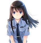  allenes black_hair black_neckwear blue_eyes empty_eyes long_hair looking_at_viewer necktie original police police_uniform policewoman simple_background smile solo uniform white_background wind 