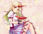  alcohol blonde_hair cuffs cup horn hoshiguma_yuugi long_hair looking_at_viewer oni puffy_short_sleeves puffy_sleeves red_eyes sakazuki sake shackles shirt short_sleeves sitting skirt solo touhou uranaishi_(miraura) 