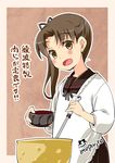  :d apron ayanami_(kantai_collection) bow brown_eyes brown_hair cooking hair_bow hair_ribbon highres holding imu_sanjo kantai_collection ladle long_hair looking_at_viewer open_mouth ribbon school_uniform serafuku side_ponytail smile solo translation_request 