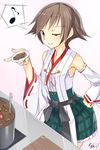  artist_name bare_shoulders black_eyes brown_eyes brown_hair cooking detached_sleeves eighth_note frilled_skirt frills green_skirt hand_on_hip hiei_(kantai_collection) highres kantai_collection looking_at_viewer musical_note no_headwear nontraditional_miko one_eye_closed plaid plaid_skirt pleated_skirt pot ribbon-trimmed_sleeves ribbon_trim short_hair skirt smile solo spoken_musical_note toki/ 
