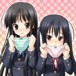  akiyama_mio blazer bow bow_panties holding holding_panties jacket k-on! multiple_girls nakano_azusa neck_ribbon ohizumi_daisaku panties panties_removed pink_panties plaid plaid_panties red_ribbon ribbon school_uniform stain striped striped_panties twintails undersized_clothes underwear 