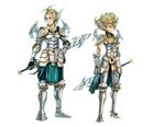  1girl armor blue_eyes boots breasts circlet cleavage curly_hair dragon_quest dragon_quest_iv final_fantasy final_fantasy_tactics gauntlets green_hair head_wings hero_(dq4) heroine_(dq4) manmaru-sue medium_breasts parody short_hair style_parody sword weapon 