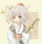  :d amanojaku animal_ears bad_id bad_pixiv_id detached_sleeves grin hat inubashiri_momiji japanese_clothes kimono open_mouth red_eyes sash silver_hair smile solo sword tassel teeth tokin_hat touhou upper_body weapon wolf_ears 