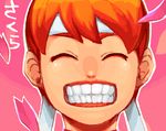  :d character_name cherry_blossoms close-up closed_eyes face grin hachimaki headband kasugano_sakura moudoku_(decopon3rd) open_mouth orange_hair pink_background short_hair smile solo street_fighter teeth 