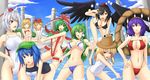  aki_minoriko aki_shizuha animal_ears bikini black_hair black_wings blonde_hair blue_hair camera day food fruit grapes green_hair grey_hair hair_ribbon hat inubashiri_momiji kagiyama_hina kawashiro_nitori kochiya_sanae leaf leaf_on_head leg_hug moriya_suwako mountain_of_faith multiple_girls onbashira one-piece_swimsuit ribbon rope shameimaru_aya shimenawa shuugetsu_karasu slingshot_swimsuit swimsuit touhou two_side_up wardrobe_malfunction wings wolf_ears yasaka_kanako 