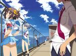  3girls armband asahina_mikuru ass brown_eyes brown_hair cloud day hairband kita_high_school_uniform koizumi_itsuki kyon lowleg lowleg_panties multiple_boys multiple_girls nagato_yuki orange_hairband panties pun purple_hair rooftop school_uniform serafuku short_hair skirt skirt_lift sky suzumiya_haruhi suzumiya_haruhi_no_yuuutsu translated underwear upskirt white_panties wind wind_lift yoshida_on 