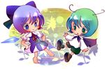  antennae barefoot blue_eyes blue_hair bow cape chibi cirno dress green_eyes green_hair hair_bow hands_on_hips ice koro_(artist) multiple_girls short_hair touhou wings wriggle_nightbug 