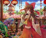  anko_kinako architecture ball bow brown_hair building cherry_blossoms colorful dango detached_sleeves east_asian_architecture embellished_costume food frills hair_bow hakurei_reimu lantern md5_mismatch midriff navel oriental_umbrella pagoda paper_lantern red_eyes sanshoku_dango short_hair skewer solo tassel temari_ball touhou umbrella wagashi 