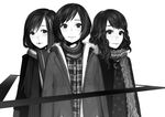  a~chan coat greyscale kashiyuka matayoshi monochrome multiple_girls nocchi_(perfume) perfume scarf short_hair triangle 