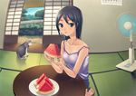  :t barefoot black_eyes black_hair camisole can cat eating electric_fan fisheye food fruit hashi holding holding_food holding_fruit original sitting solo table tatami watermelon 