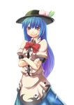  &gt;:) blue_hair colored_eyelashes crossed_arms food fruit hat highres hinanawi_tenshi long_hair peach red_eyes simple_background smile solo sukocchi touhou v-shaped_eyebrows 
