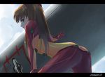  bent_over bodysuit brown_eyes brown_hair from_below kakuno letterboxed long_hair multicolored multicolored_bodysuit multicolored_clothes neon_genesis_evangelion orange_bodysuit plugsuit rebuild_of_evangelion red_bodysuit shikinami_asuka_langley solo souryuu_asuka_langley test_plugsuit twintails 