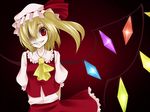  blonde_hair flandre_scarlet grin hair_over_one_eye hat looking_at_viewer one_side_up ponytail red_eyes shaded_face shimizu_kokeshi short_hair slit_pupils smile solo touhou wings 