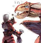  armor feeding happy monster_hunter okura000 silver_hair yian_kut-ku yian_kut-ku_(armor) 