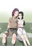  1girl bad_id bad_pixiv_id black_hair blush closed_eyes couch couple cross-laced_sandals dress green_eyes hetero ico long_hair mono sandals shadow_of_the_colossus shorts sitting tensugi_takashi tunic wander whispering white_dress 