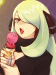  blonde_hair brown_eyes eyelashes food hair_over_one_eye holding ice_cream long_hair moudoku_(decopon3rd) open_mouth poke_ball poke_ball_theme pokemon pokemon_(game) pokemon_dppt sexually_suggestive shirona_(pokemon) solo tongue 