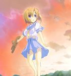  bag blue_eyes bookbag cloud higurashi_no_naku_koro_ni orange_hair ryuuguu_rena satou_takeshi school_uniform short_hair sky solo 