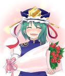  blush bouquet closed_eyes flower green_hair hat kari_(karinimooreha) shiki_eiki short_hair solo touhou 
