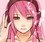  asymmetrical_bangs bad_id bad_pixiv_id bangs bare_shoulders closed_mouth collarbone expressionless eyebrows_visible_through_hair green_eyes headphones jewelry kior lips long_hair looking_at_viewer megurine_luka pink_background portrait ring shiny shiny_hair simple_background sketch solo vocaloid 