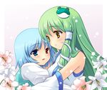  blue_eyes blue_hair blush couple detached_sleeves flower green_hair hair_ornament heterochromia hug kochiya_sanae lily_(flower) long_hair multiple_girls red_eyes short_hair tatara_kogasa touhou yamasan yellow_eyes yuri 