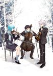  2boys ayanami_rei cello chair formal ikari_shinji instrument looking_down multiple_boys nagisa_kaworu neon_genesis_evangelion niko_(silent.whitesnow) red_hair scarf silver_hair snow suit violin 