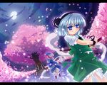  blue_eyes cherry_blossoms etogami_kazuya floating full_moon ghost hairband hat hitodama katana konpaku_youmu konpaku_youmu_(ghost) lens_flare letterboxed moon moonlight multiple_girls night petals pink_hair reflection rope saigyou_ayakashi saigyouji_yuyuko shimenawa short_hair silver_hair sword touhou wallpaper water weapon 