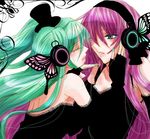  aqua_hair bad_id bad_pixiv_id butterfly_wings dress face-to-face fingerless_gloves gloves hat hatsune_miku headphones long_hair magnet_(vocaloid) megurine_luka mini_hat mini_top_hat multiple_girls natsuru top_hat very_long_hair vocaloid wings yuri 