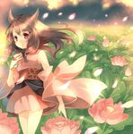  brown_hair detached_sleeves flower hanokage horns naga_(staygarden) petals red_eyes ryuujin_naga smile solo wind 