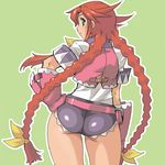  ass blue_shorts braid contrapposto dr.p gloves green_background green_eyes hand_on_hip long_hair looking_back pink_gloves pink_vest rebecca_streisand red_hair short_shorts shorts solo standing taut_clothes taut_shorts twin_braids vest waistcoat wild_arms wild_arms_5 