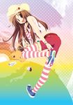  bag brown_hair full_body hat highres hoppege long_hair original putting_on_shoes shoes shorts sneakers solo striped striped_legwear thighhighs 