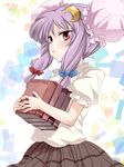  alternate_costume alternate_hairstyle book bun_cover contemporary crescent crescent_hair_ornament double_bun hair_ornament hama_chon patchouli_knowledge pink_eyes purple_hair school_uniform short_hair skirt solo touhou 