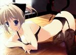  absurdres animal_ears blonde_hair blue_eyes bra breasts cat_ears cleavage copyright_request garter_belt highres lingerie medium_breasts mikeou no_panties solo tail thighhighs underwear 