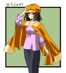  absurdres bakemonogatari blush brown_hair cabbie_hat hat highres ichimedoo jacket jacket_on_shoulders monogatari_(series) sengoku_nadeko solo 