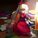  aqua_eyes bad_id bad_pixiv_id blonde_hair doll doll_joints hair_ribbon instrument kasuka medicine_melancholy ribbon sitting solo touhou violin 